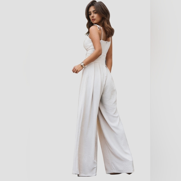 White Spaghetti Strap Wide Leg Jumpsuit - Picture 3 of 5